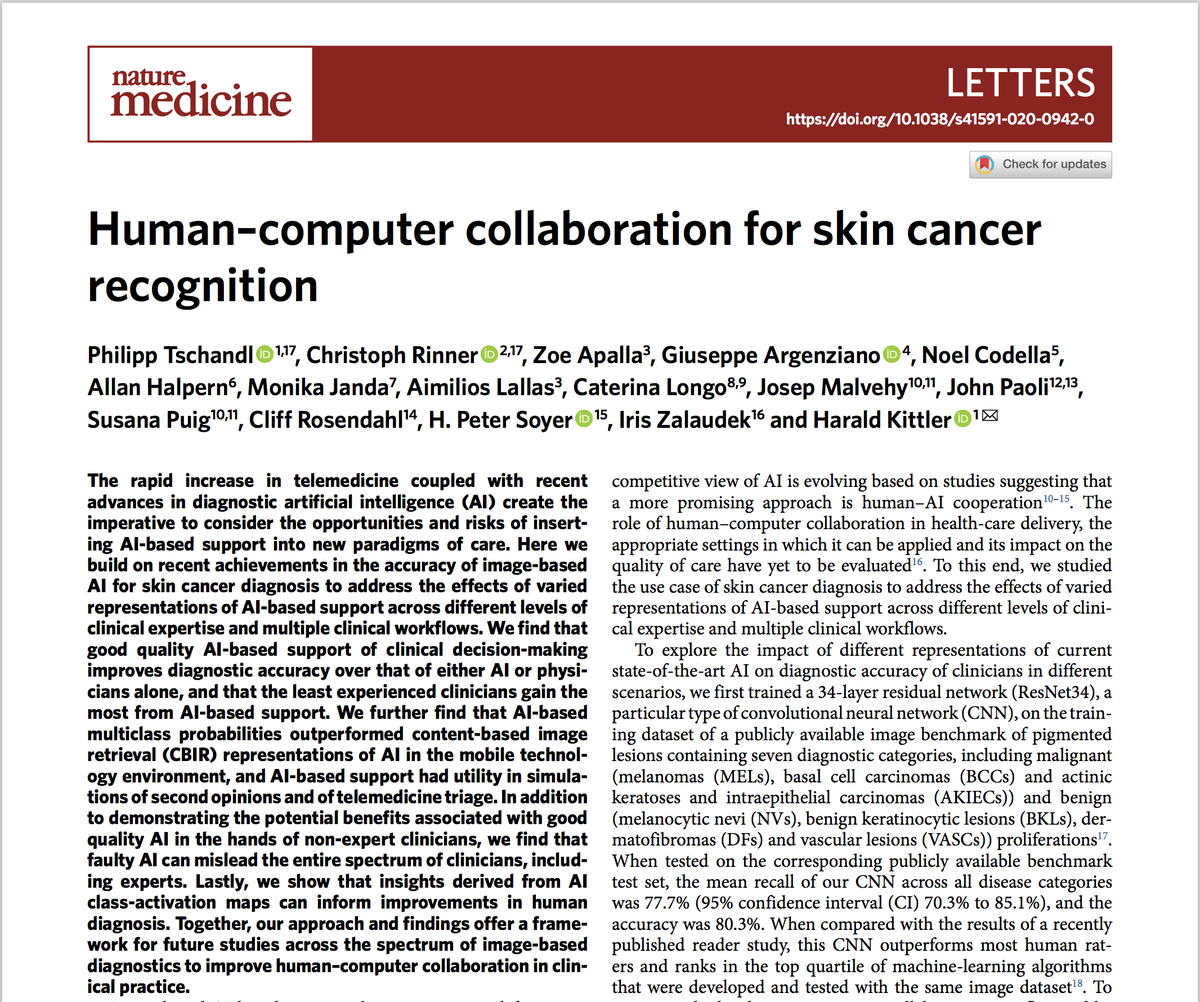 This paper from  @NatureMedicine is one of the most interesting studies on human-computer collaborations that I have read. The way that doctors interact with  #AI matters. https://www.nature.com/articles/s41591-020-0942-0?utm_source=nm_etoc&utm_medium=email&utm_campaign=toc_41591_26_8&utm_content=20200811&sap-outbound-id=23B37F2AB9B6A9AB9B184A1D38E49936B996CA9C