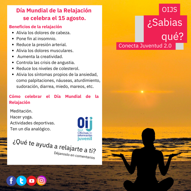 El 15 de agosto se celebra el Día Mundial de la Relajación, esta celebración tiene como objetivo concienciar a los ciudadanos de reducir el estrés y presión a la que nos sometemos en el día a día.
#NoLoTiresPorLaBoda #Madridesjuventud #Oijs #Quedat #CentrosJuveniles #EuropaJoven