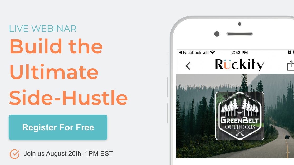 Learn the tips and tricks on how to build your ultimate side-hustle on Ruckify by joining our live webinar on August 26th at 1PM EST!

Pictured is one of our new RuckifyStore partners, GreenBelt Outdoors, out of Austin, Texas!

Register today: ruckify.com/en/webinars/

#SideHustle