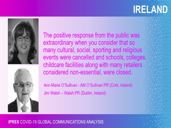 amosullivanpr's tweet photo. The Irish communications strategy from Feb to July during the COVID-19 crisis elicited a positive reaction from the Irish public.
Read more about the COVID-19 communications strategies of 14 countries, including Ireland: https://t.co/LafqJ0YOfE
#IPREX #IPREXGLOBALREPORT https://t.co/RsDWPaqd4U