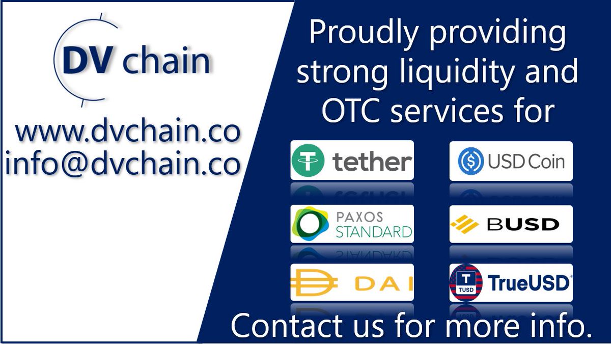 DV Chain proudly provides strong #liquidity &amp; #OTC services for many #stablecoins including:

#Tether / #USDT
#USDCoin / #USDC
#Paxos / #Pax
#BinanceUSD / #BUSD
#DAI
#TrueUSD / #TUSD

For more information on how to trade with us please email: info@dvchain.co 

#crypto #stablecoin