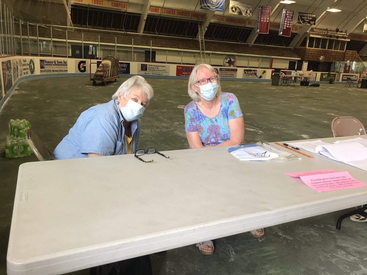 JDillonVT's tweet image. Barre City set up drive thru voting in the municipal ice rink. Volunteers Linda Wentworth and Clara Geist said voters found it very convenient and wondered if it will be skate thru voting in November. #vtpoli