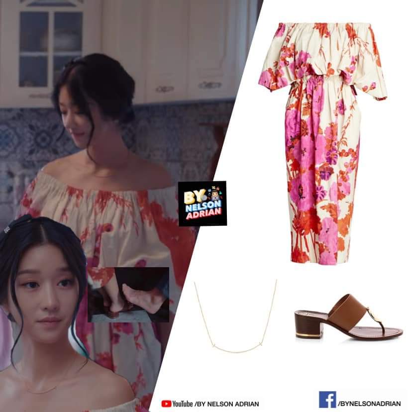 KMY in a Dayna Off-Shoulder Floral Puff Sleeve Midi Dress fr DRIES VAN NOTEN -P43,545.19T Smile Pendant Necklace in 18K Gold with round brilliant diamonds fr TIFFANY&CO. -P191,334.00Patos Disc Embellished Leather Thong Mules fr TORY BURCH -P14,694.11 NelsonAdrian #SeoYeJi