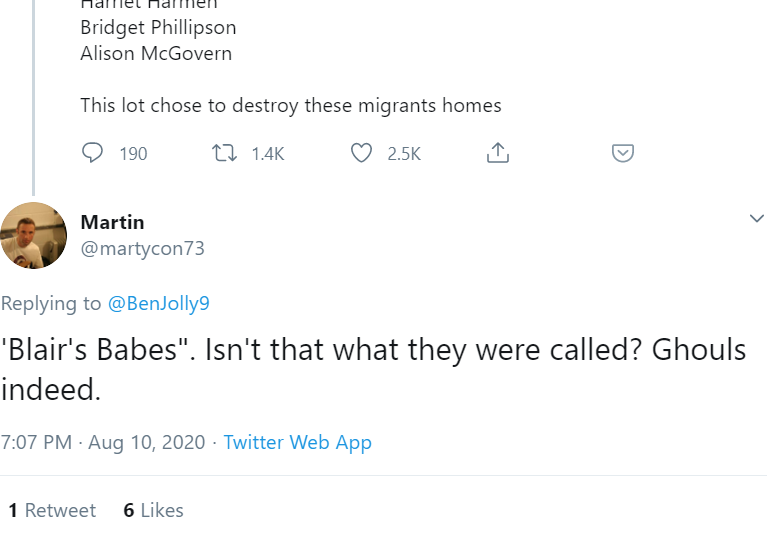 And then there's the weird misogyny. 30 of the 67 Labour rebels were women, but Ben mainly highlights the women, and the cranks in reply take it up a notch. What is it about women MPs that bothers these people so much?