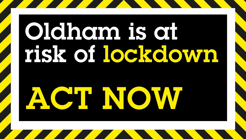 ⚠#Oldham is at risk of lockdown ⚠
❗️The number of positive #coronavirus cases is rising❗️
Stop the spread by limiting the people you come into contact with 🚻❌
Read more here 👉 bit.ly/3iyrkBY