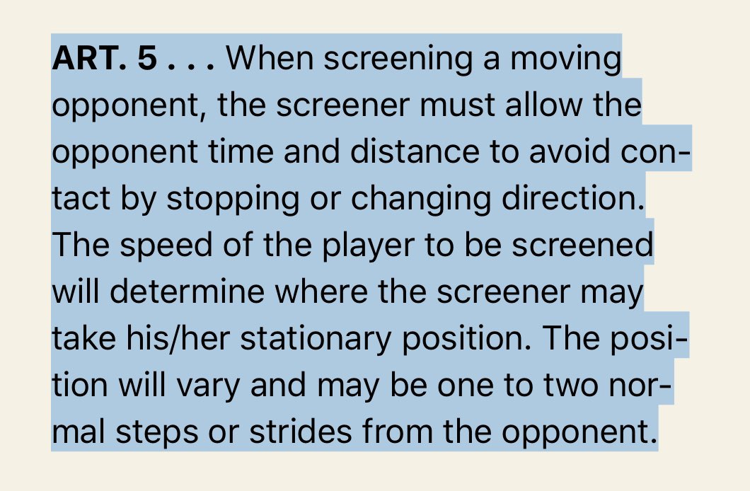 The play above deals w/ screening a moving opponent. NFHS is pretty clear on what is required to establish a legal screening position on a moving opponent. In fact, it’s directly addressed in Rule 4-40-5. *Note- “Time & Distance” & “Stationary Position” both appear in this rule.