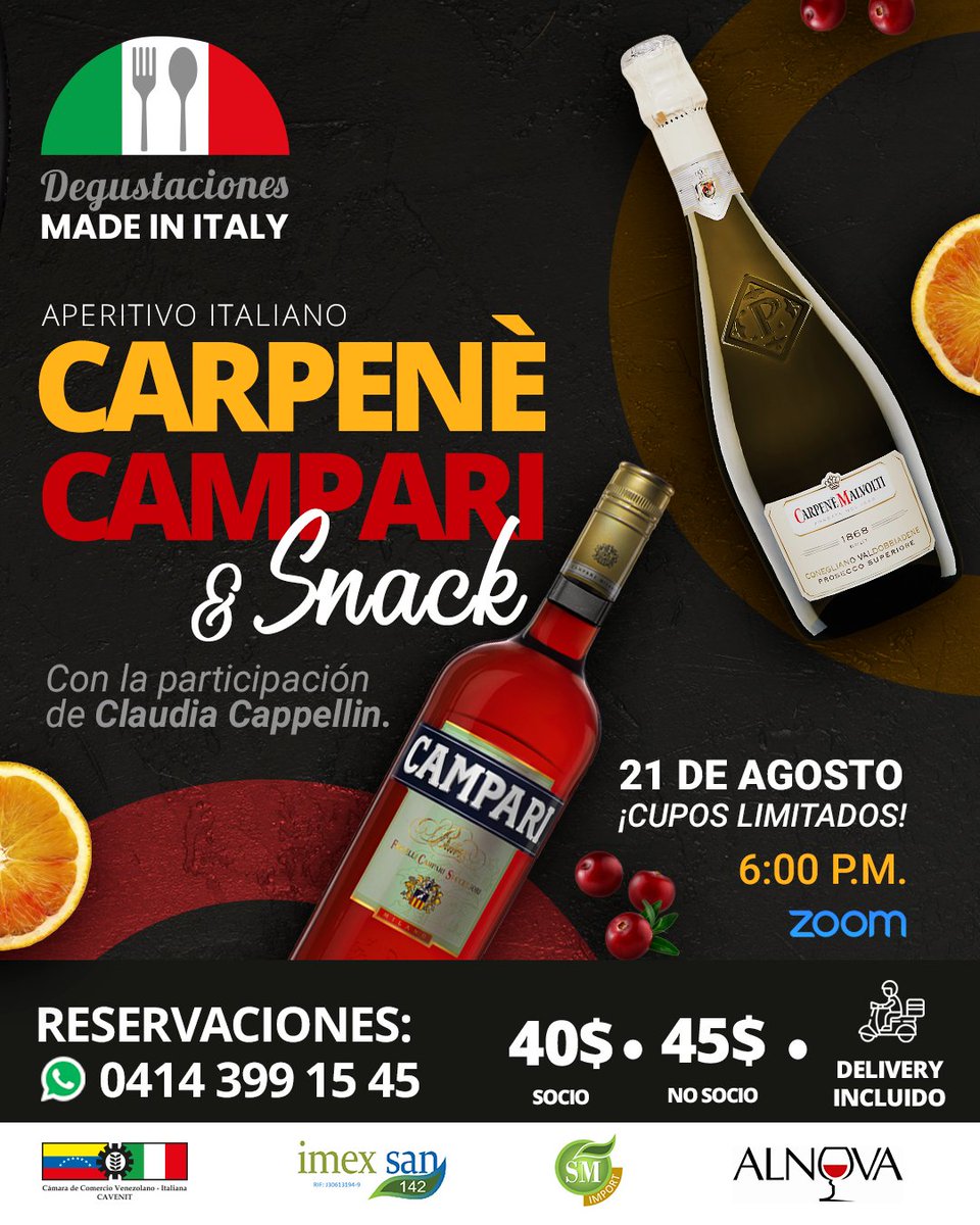#11Ago CAVENIT invita a una tarde de aperitivos y entremeses italianos . El próximo #21Ago ofreceremos la desgustación “Carpenè, Campari &amp; Snack”, dirigida por la  Sommellier Empresarial Claudia Cappellin de <a href="/_Alnova_/">Alnova</a> 
Información: cavenit.com/index.php/even…