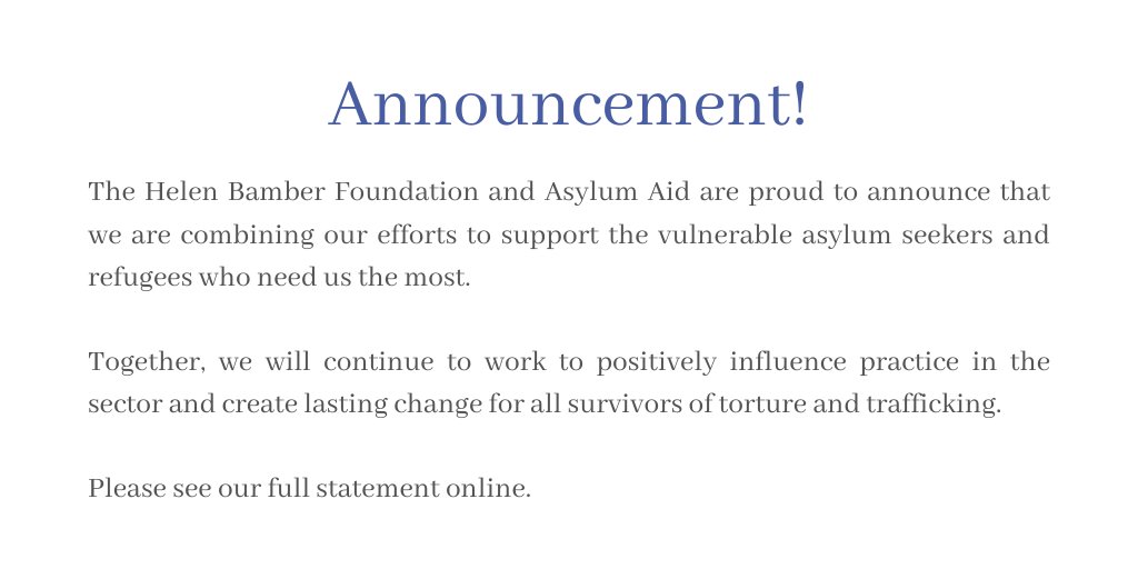 HelenBamber's tweet photo. We've got big news that we're delighted to be able to share. We are joining forces with Asylum Aid and we're excited about the impact we can achieve together to protect the most vulnerable migrants and give survivors strength to move on.
Read more here: https://t.co/ufQPpBzR2Y https://t.co/GLZhhwReKy