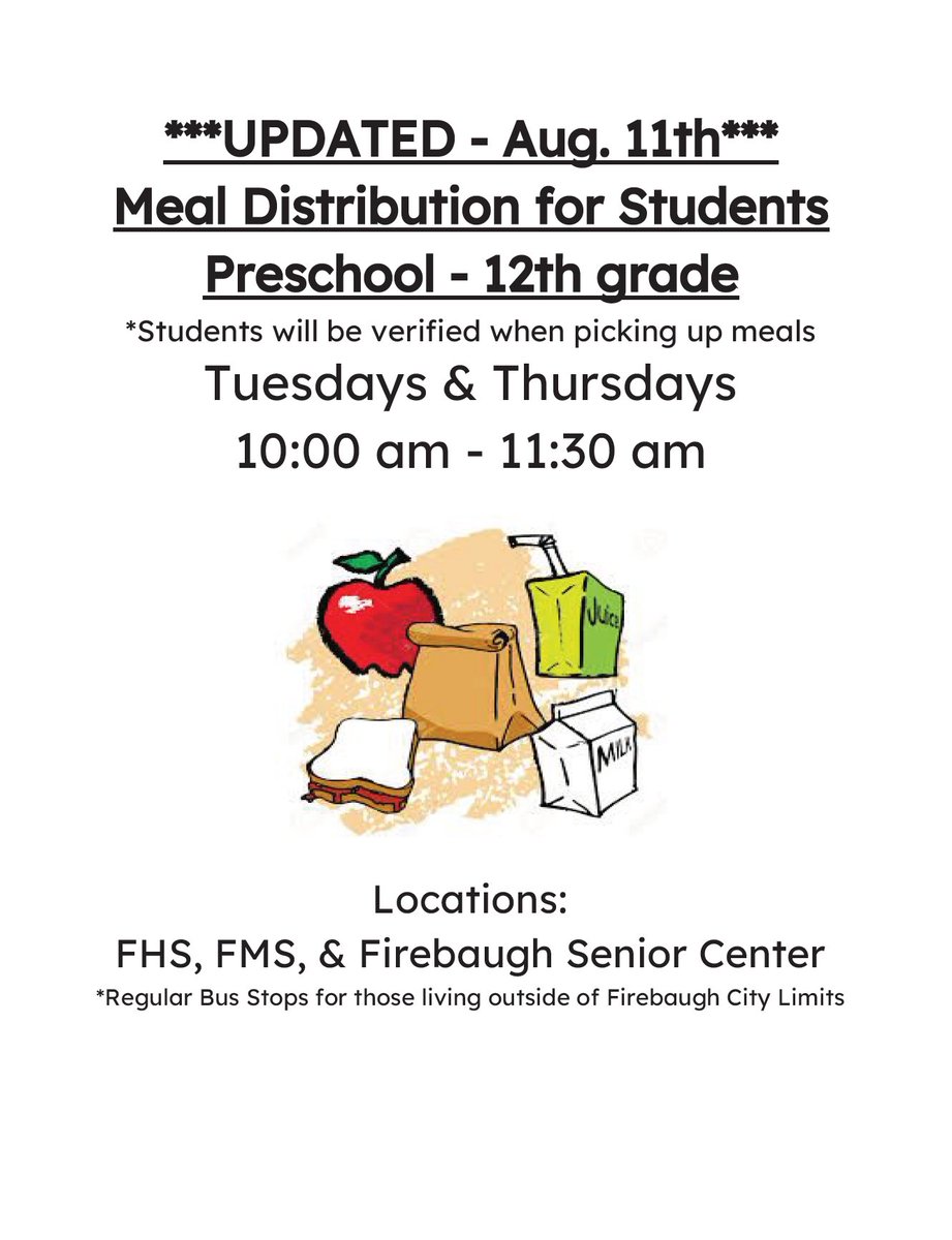 millsinter's tweet image. Welcome to the beginning of the 20-21 school year. Hope all of you have a meet and greet time set with your child's teacher. Here is the updated info for meal distribution. Have a great week!!! #fldusd #supfreitas #millsinter
