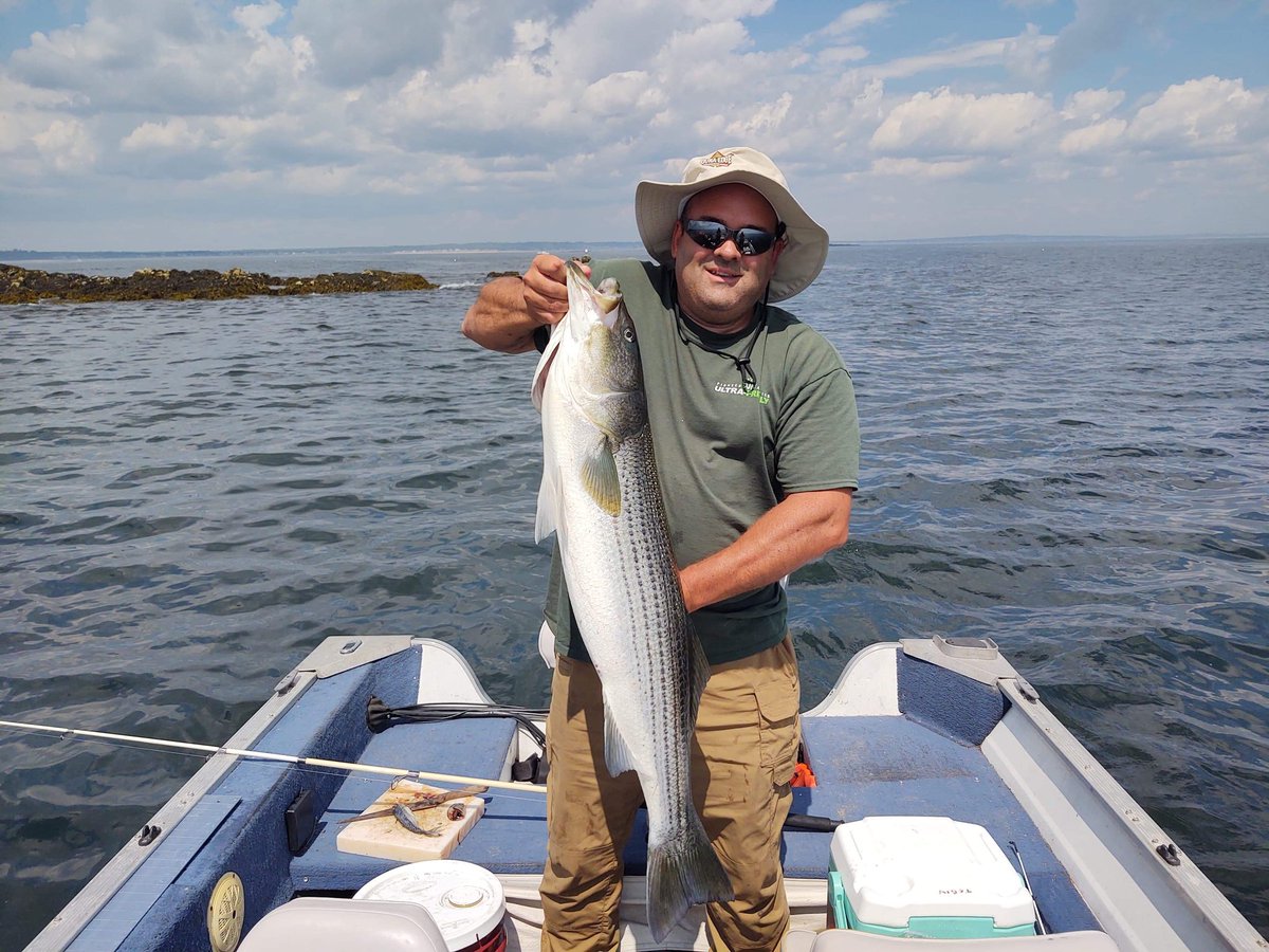 DEBassFishingEx's tweet photo. Our friend @matttobin from Pioneer with a giant Maine striped bass. We hope you all are enjoying some great fishing this summer! #LunkerCrew https://t.co/Ol3rAYkFfY