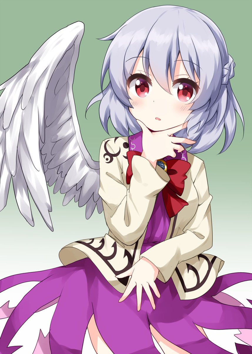 kishin sagume 1girl solo wings single wing red eyes green background feathered wings  illustration images