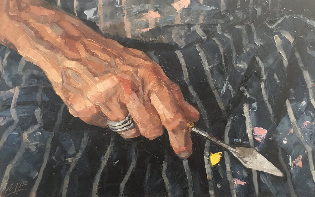 MARKFENNELLI's tweet photo. Knife painting of my hand holding one of the tools I painted it with. https://t.co/dy3y53INa6