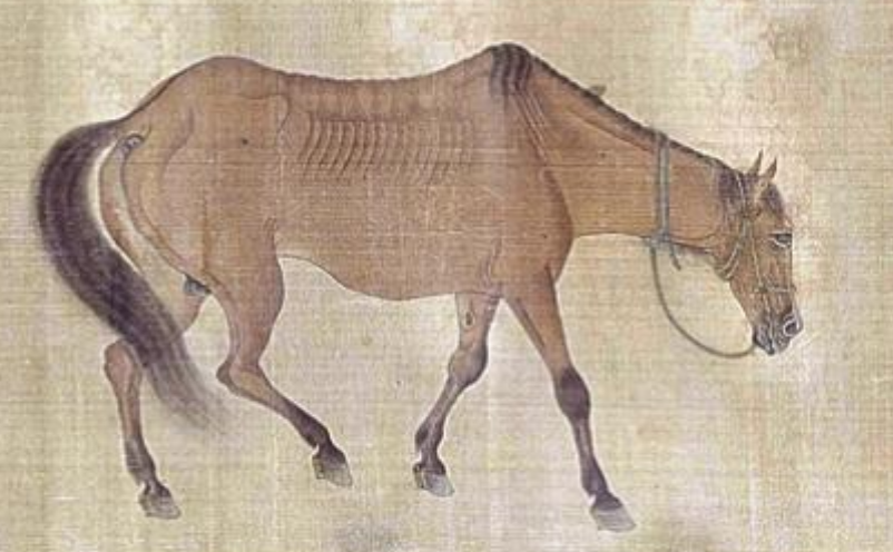 So turning to the horses, the imagery is very clear. The painting, from 1280, postdates the conquest of China which was completed in 1279. The horse of today - broken, emaciated, fatigued, bridled - looks mournfully at the free, healthy, proud horse of yesterday.