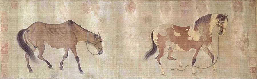 There's a lovely medieval Chinese painting which excellently demonstrates the intersections between art, text, media, symbolism, politics and expectation. It's by an artist called Ren Renfa (1254-1327), and is known as Two Horses(Thread)