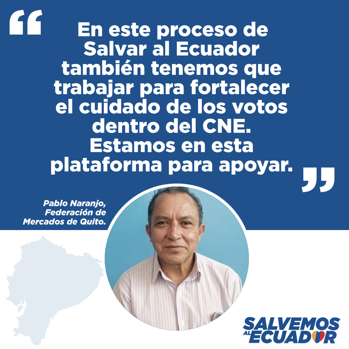 SalvemosEc's tweet photo. En este proceso de #SalvarAlEcuador también tenemos que trabajar para fortalecer el cuidado de los votos dentro del CNE. Estamos en esta plataforma para apoyar. 

Pablo Naranjo - Federación de Mercados de Quito https://t.co/9bjCSJRnz7