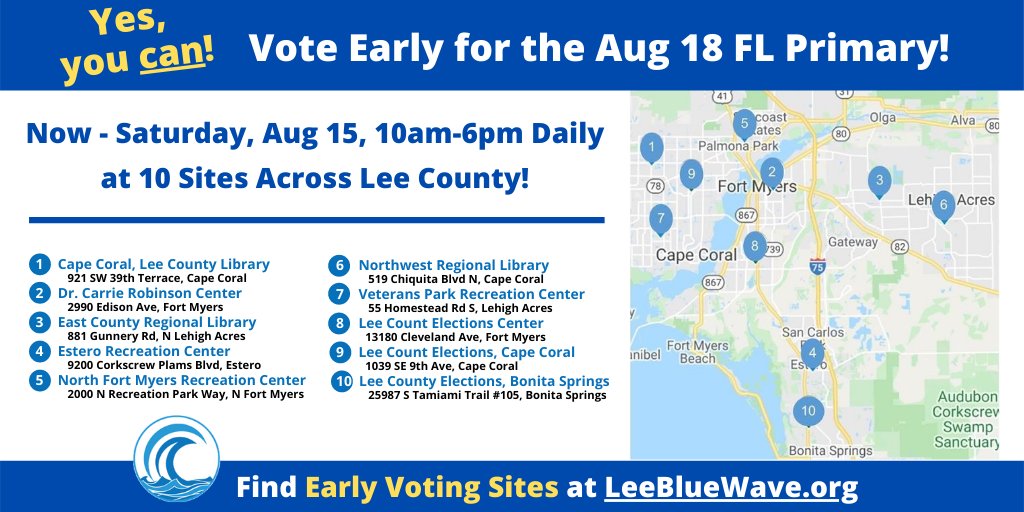 LeeBlueWave's tweet photo. Any voter registered in Lee County can Vote Early. Drive-by drop-off of completed Vote-by-Mail ballots is also available at Early Voting sites! For info visit https://t.co/2ohDtvAVQL #LeeBlueWave #FLBlueWave #FLDems #LeeDems https://t.co/SfClfZq2zu