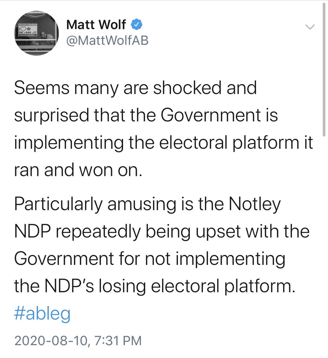 Funny,  @MattWolfAb: I don’t recall the  #UCP running on this platform?-undermining & demonizing Alberta physicians, attempting to privatize health care system, driving doctors elsewhere-harassing & demeaning teachers, firing 25,000 educational staff IN A WEEKEND EMAIL  #abPoli