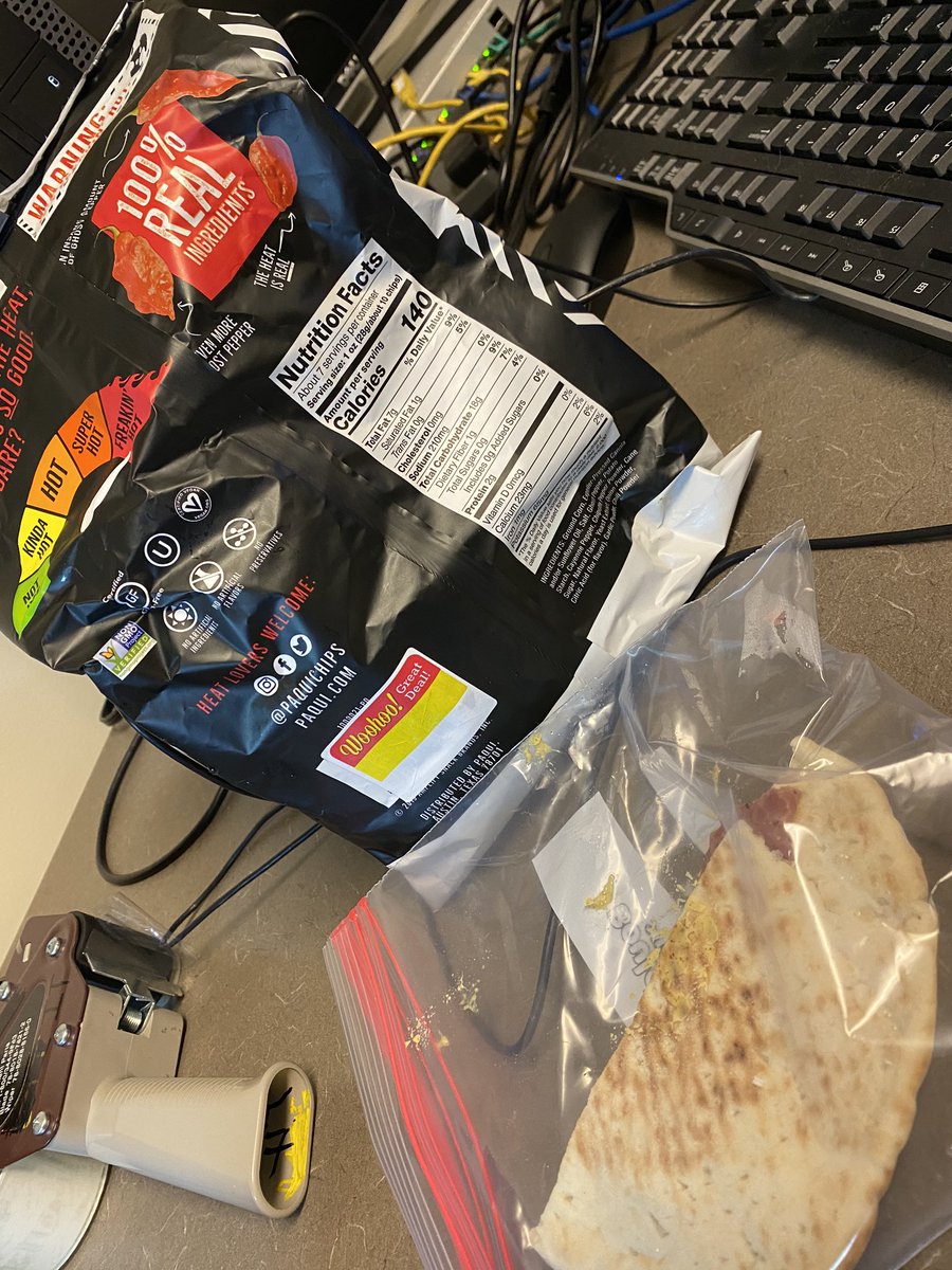 Spicy chip and eating a desk. Possibly an illegal maneuver