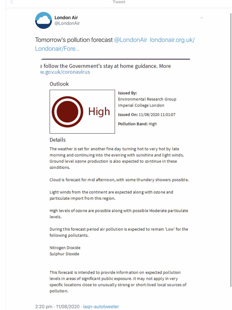 CleanAirLondon's tweet photo. 74/... Trusted @LondonAir issues HIGH ozone #AirPollution alert for London on Wednesday 12 August 2020 https://t.co/eZXnWVJYo2 triggering @MayorofLondon's #PollutionProtocol again HT @sabrodrigues61 @LDN_environment https://t.co/e0F8XAHYtw