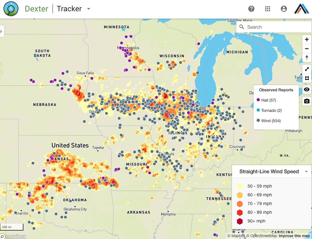 athenium's tweet image. Yesterday, August 10, 2020, a derecho moved across Iowa and Illinois into Indiana and Michigan, causing widespread power outages &amp;amp; damage to corn fields. Was your book of business affected? Log in to Dexter to learn more. #insurance #insurtech #weatheranalytics