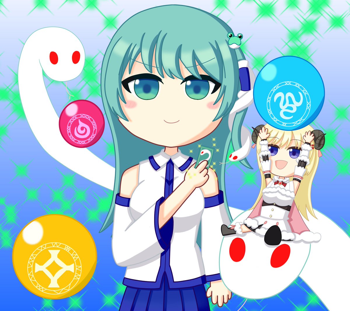 ナチュラル ンゴォマン 東風谷早苗 召喚 蛇符 グリーンスネークカモン わためさんのスペルバブル配信より 早苗の グリーンスネークカモンを上手に使っていたのが印象的だったので 早苗と一緒に描きました 角巻わため つのまきあーと 東方