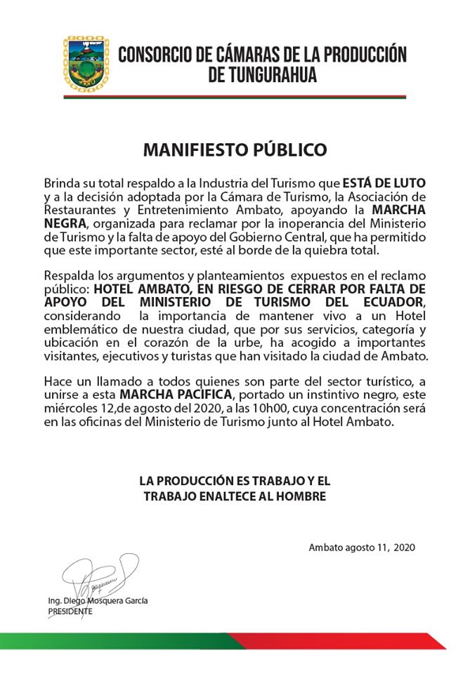 Seguimos sumando apoyo!!!
Mil Gracias al Consorcio de Cámaras de la Producción de Tungurahua por respaldar al Hotel Ambato en esta difícil situación y por sumarse a la MARCHA PACÍFICA del día de mañana por el Luto de la Industria del Turismo. #SOSTurismoEcuador