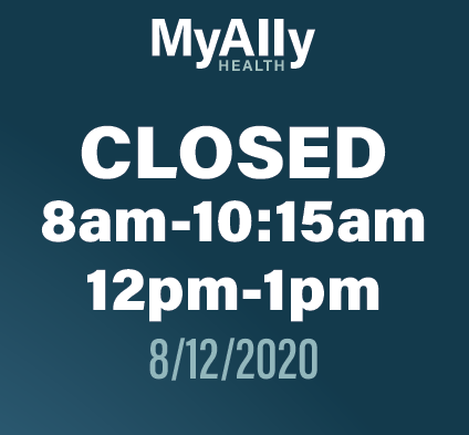 MyAllyHealth's tweet photo. We will be closed 8am-10:15am for a staff meeting and  12pm-1pm for staff training tomorrow, Wednesday, August 12th. Sorry for any inconvenience this may cause! https://t.co/Q2a7zN2FaL