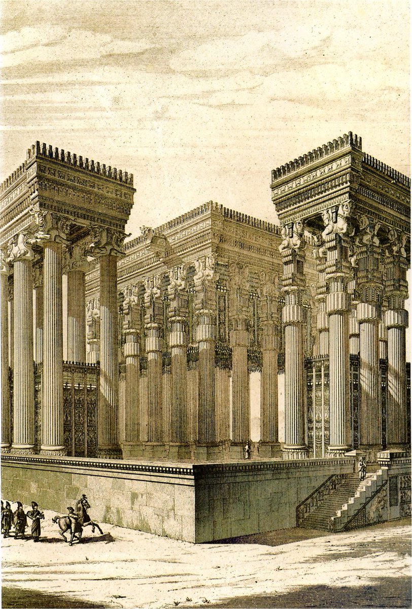 Tales_of_Iran's tweet photo. What Persepolis (Takht-e Jamshid) looked like before it was burnt by Alexander the Great in 330 BC | Drawings by Charles Chipiez https://t.co/LzLBcaaTX3