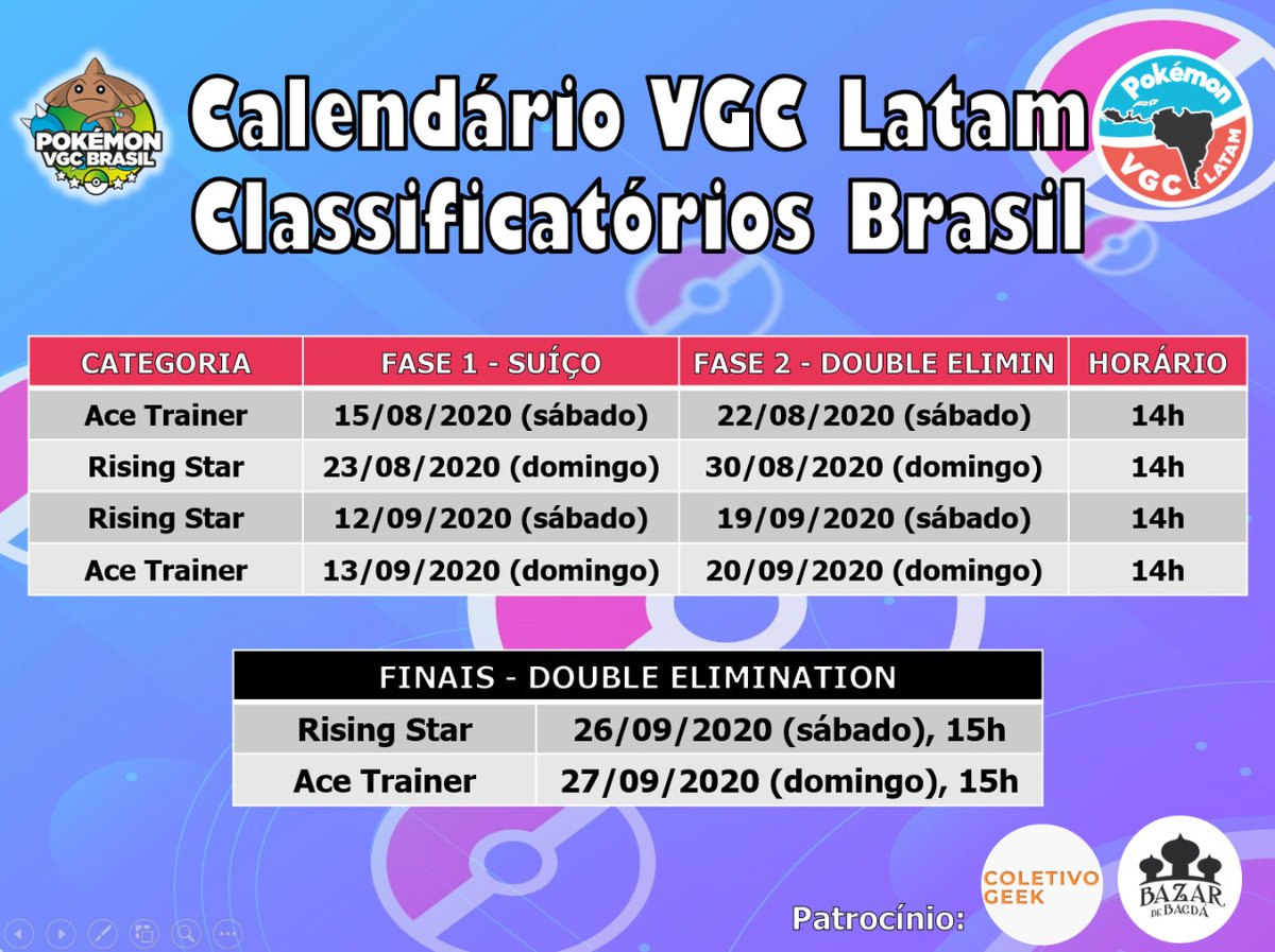 VGC_Brasil's tweet photo. Anote aí as datas dos Classificatórios Brasil do @PokemonVGCLatAm !
Para mais informações:
Battlefy - https://t.co/2V61mVaSpc
Discord - https://t.co/acXwHkgeOf
#VGCBR #VGCLATAM https://t.co/DNIqrDsQbc