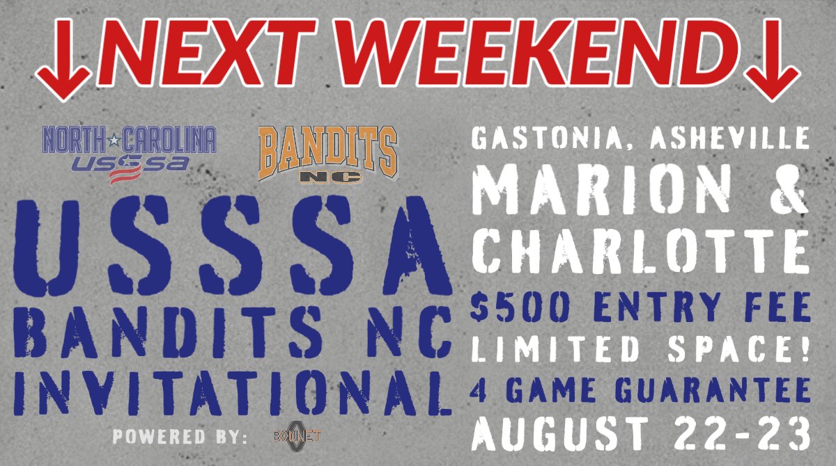We have over 65 teams committed to playing in the USSSA Bandits NC Invitational next weekend!

We still have a few more spots. Reach out to brooks.robinson@usssa.com if you're interested in playing in this super-competitive Fastpitch event. 

🔗   bit.ly/2ChCZ8T