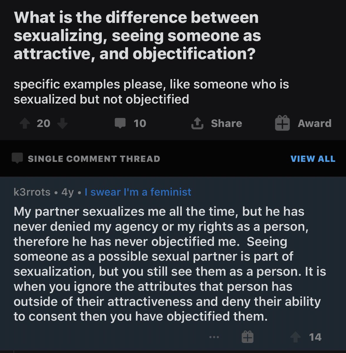 TW// sexSexual attraction towards someone is still sexualisation. It’s just a matter of, “Did I or did I not objectify/disrespect this person?”Example:“H is hot.” Did not objectify.“I want to suck H’s dick.” Did objectify.