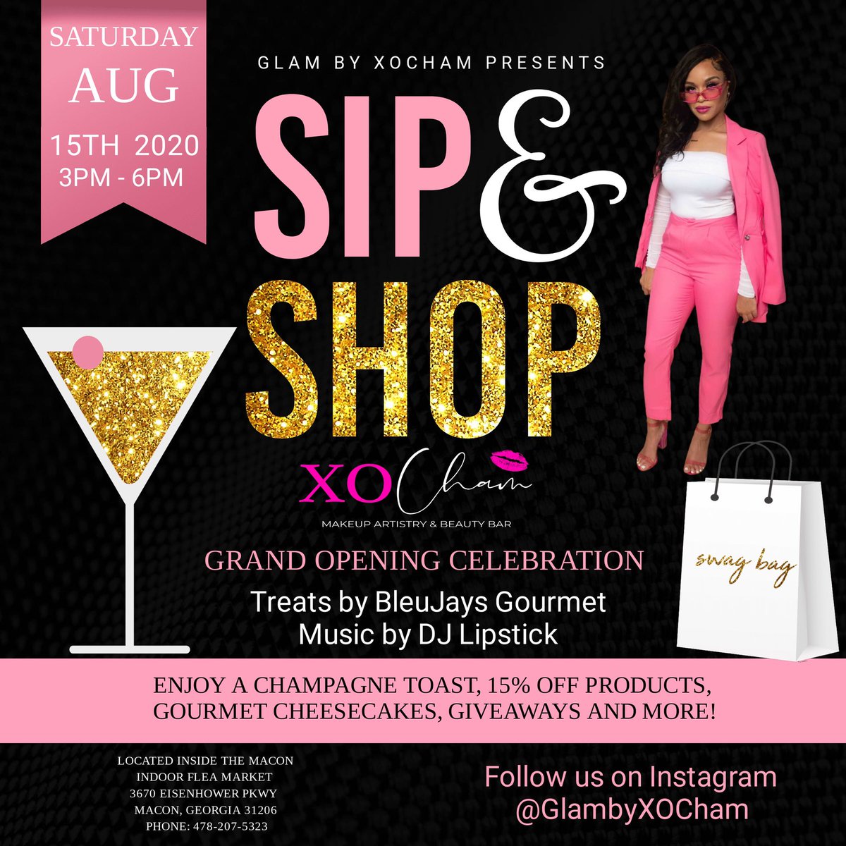 xocham_'s tweet photo. Come Sip &amp; Shop as we celebrate The Grand Opening of XOCham Makeup Artistry &amp; Beauty Bar August 15th, 2020 from 3pm to 6pm
Enjoy Mini Cheesecakes by Bleu Jay's Gourmet Seasonings 
Enjoy Music by DJ Lipstick
There will be Giveaways, Champagne Toast, 15% off Products, &amp; more!!! https://t.co/1R84Uwcuk7