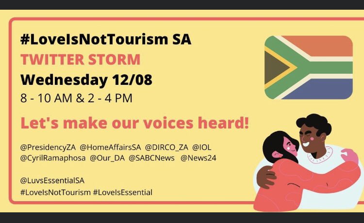 LibrepenESP's tweet photo. Gooo South Africa!!! You can help them with #LiveIsNotTourismSA #LoveIsNotTorusim and tab @PresidencyZA @CyrilRamaphosa @GovernmentZA
@HomeAffairsSA @DIRCO_ZA
We all need love. https://t.co/yJrdpFzBOK