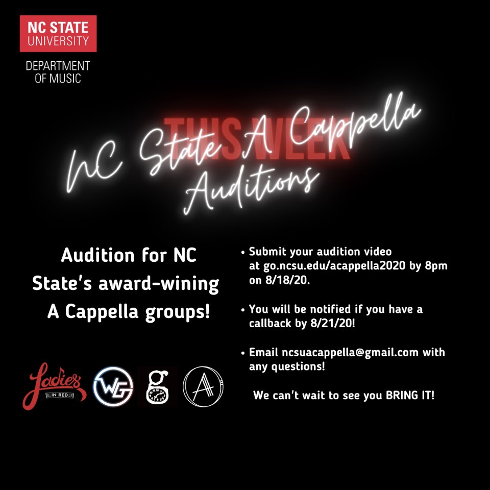 Welcome back Wolfpack! It’s that time of the year again! NC State A Cappella auditions are NOW OPEN!! Go check out the link in our bio for information on how to submit your video! The audition portal will close NEXT TUESDAY at 8PM. We can’t wait to hear you! 🎶
