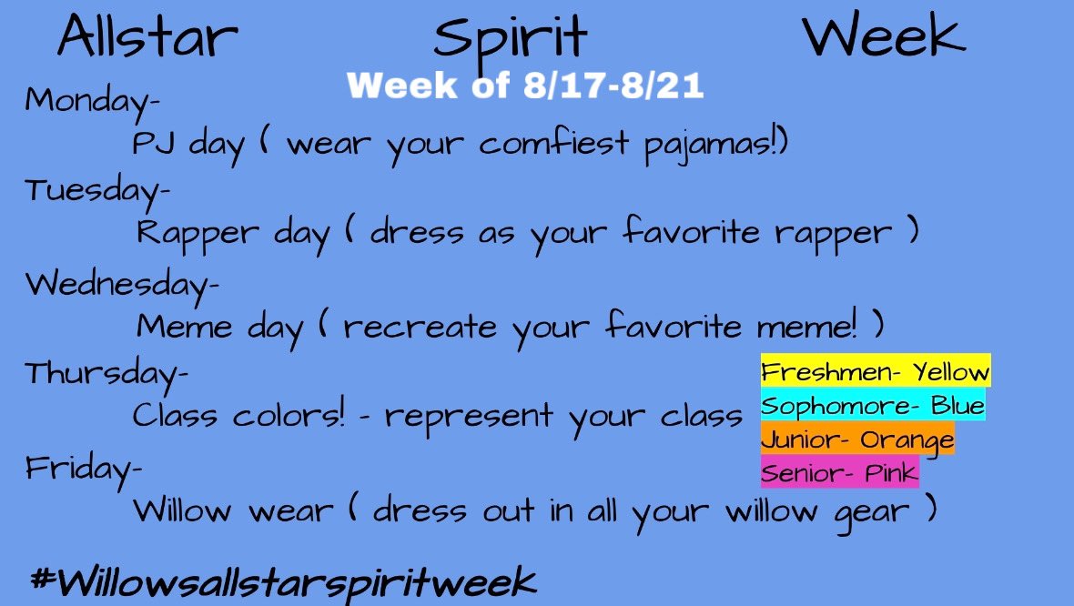 Willow_StuCo's tweet photo. UPCOMING SPIRIT WEEK!! Show your school spirit with our first virtual spirit week of the year ! Use #willowsallstarspiritweek and show us your winning culture 💙 https://t.co/okT7lxpahr