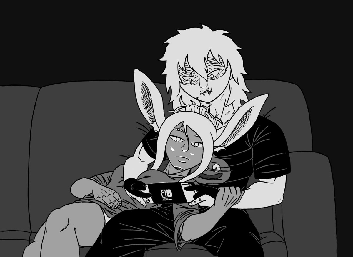 afrodeity23's tweet photo. #dustbunnyweek day 7: domestic. A quiet evening, Miruko's watching TV, Shiggy's playing on the switch. Nothing says romance like doing mundane things near each other. #dustbunny https://t.co/psG309PJVp