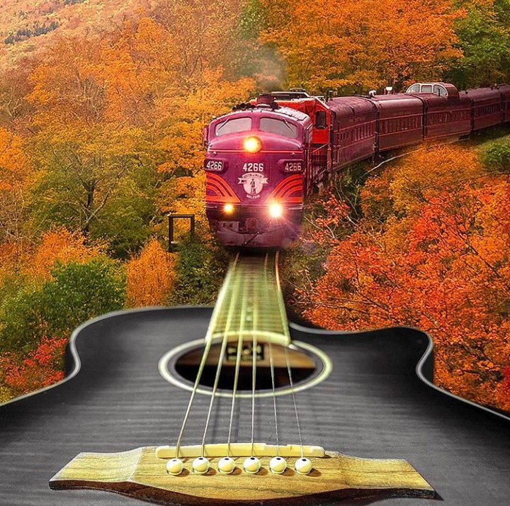 “Neither a wise man nor a brave man lies down on the tracks of history to wait for the train of the future to run over him” — Dwight D. Eisenhower. Art by @youcamperfect.official on IG #colorful #trees #train #traintracks #traintrack #guitar #instrument #nature #NaturePhotography