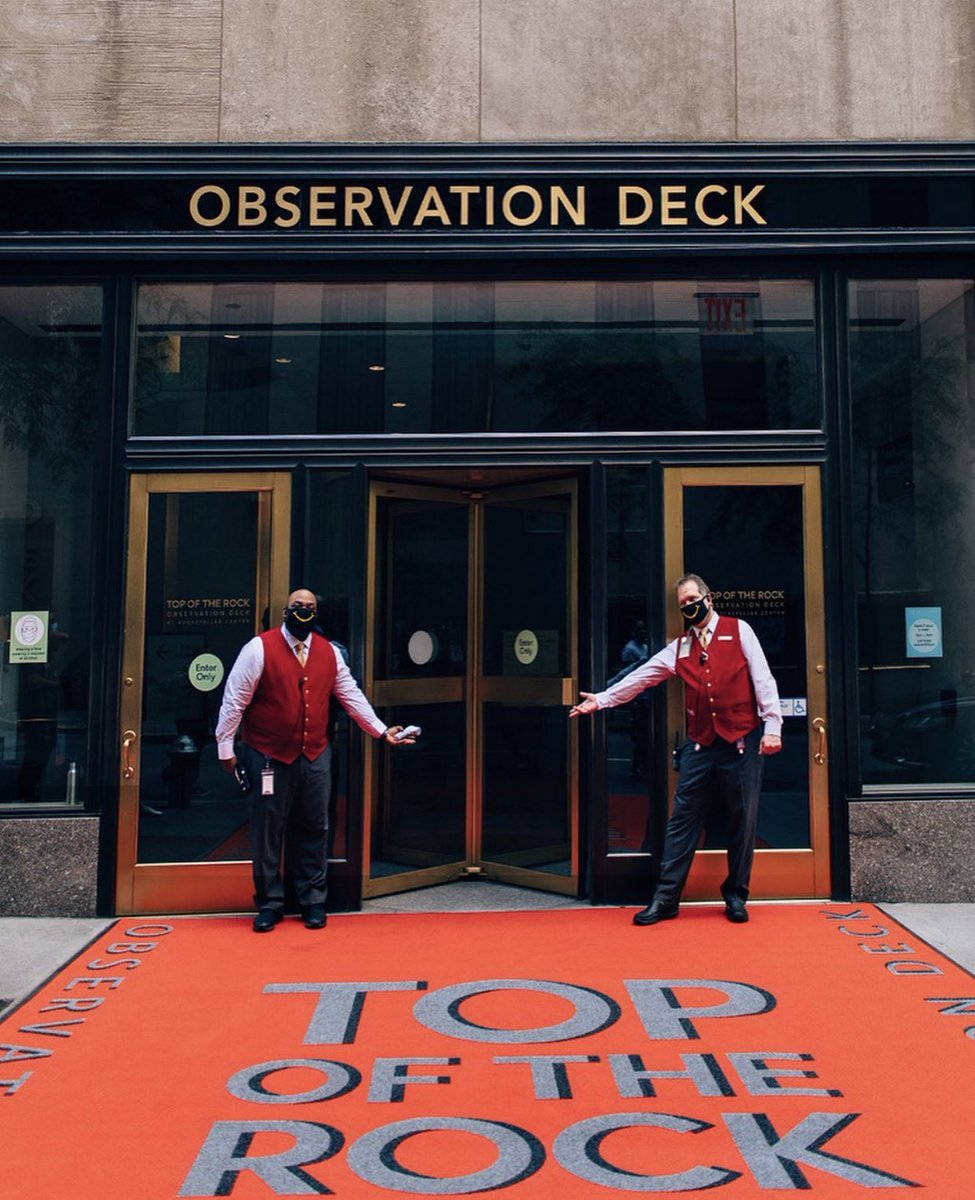 Top of the Rock <a href="/rockcenternyc/">Rockefeller Center</a> is now OPEN 1-9pm daily. Free entry + <a href="/benandjerrys/">Ben & Jerry's</a> 🍦for #EssentialWorkers (+ 1 guest) this weekend, August 14-16 🙌🏾

Learn more about #Topoftherock’s new safety + cleaning procedures at rebuildnewyork.org/reopening/reop…