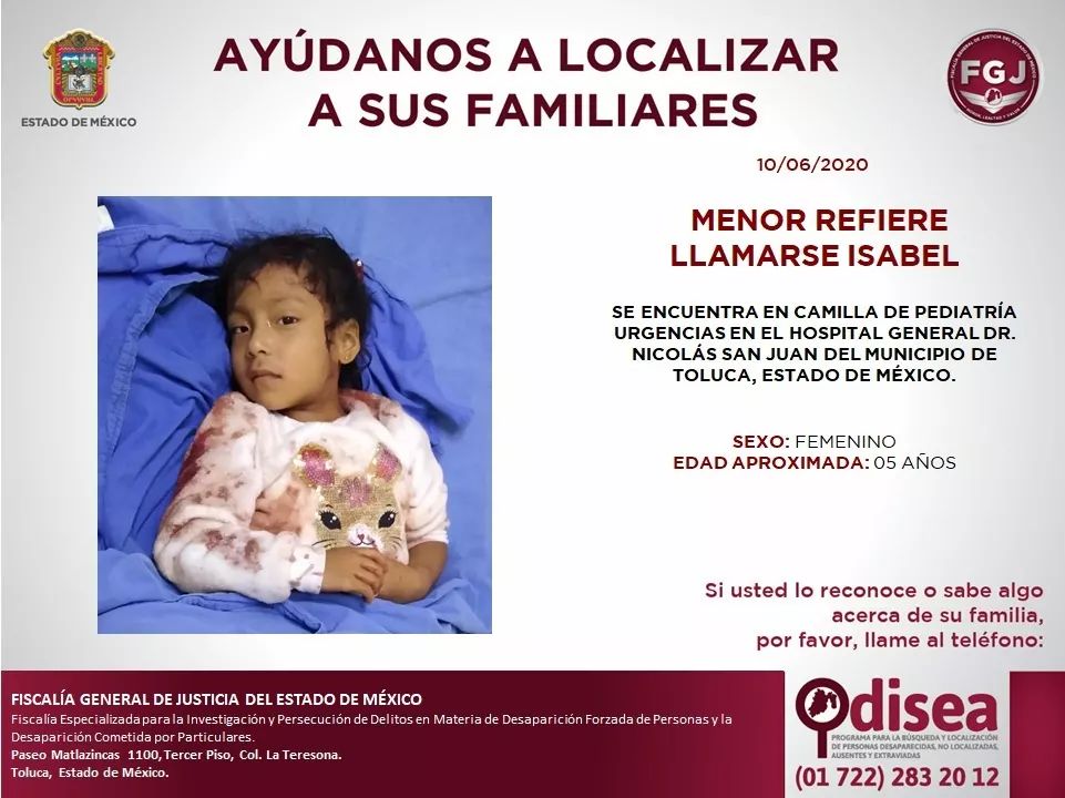 Dice llamarse #Isabela y es uno de los niños del accidente de la #México-#Toluca. #SeBusca a sus familiares, tiene 5 añitos y está en el Hospital Nicolás San Juan, #Toluca.
