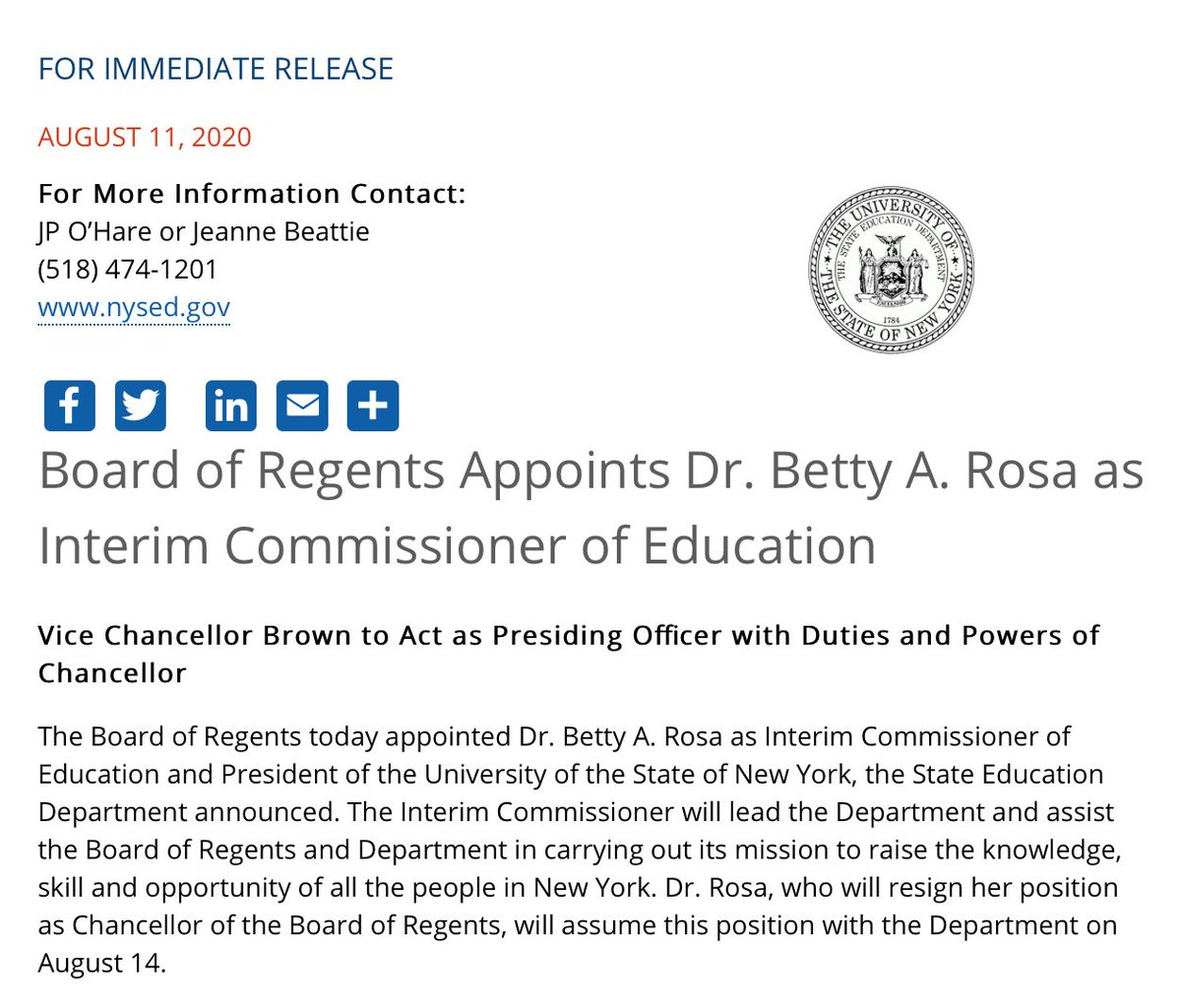 Betty Rosa appointed as Interim Commissioner of Education and President of the University of the State of New York.  http://www.nysed.gov/news/2020/board-regents-appoints-dr-betty-rosa-interim-commissioner-education