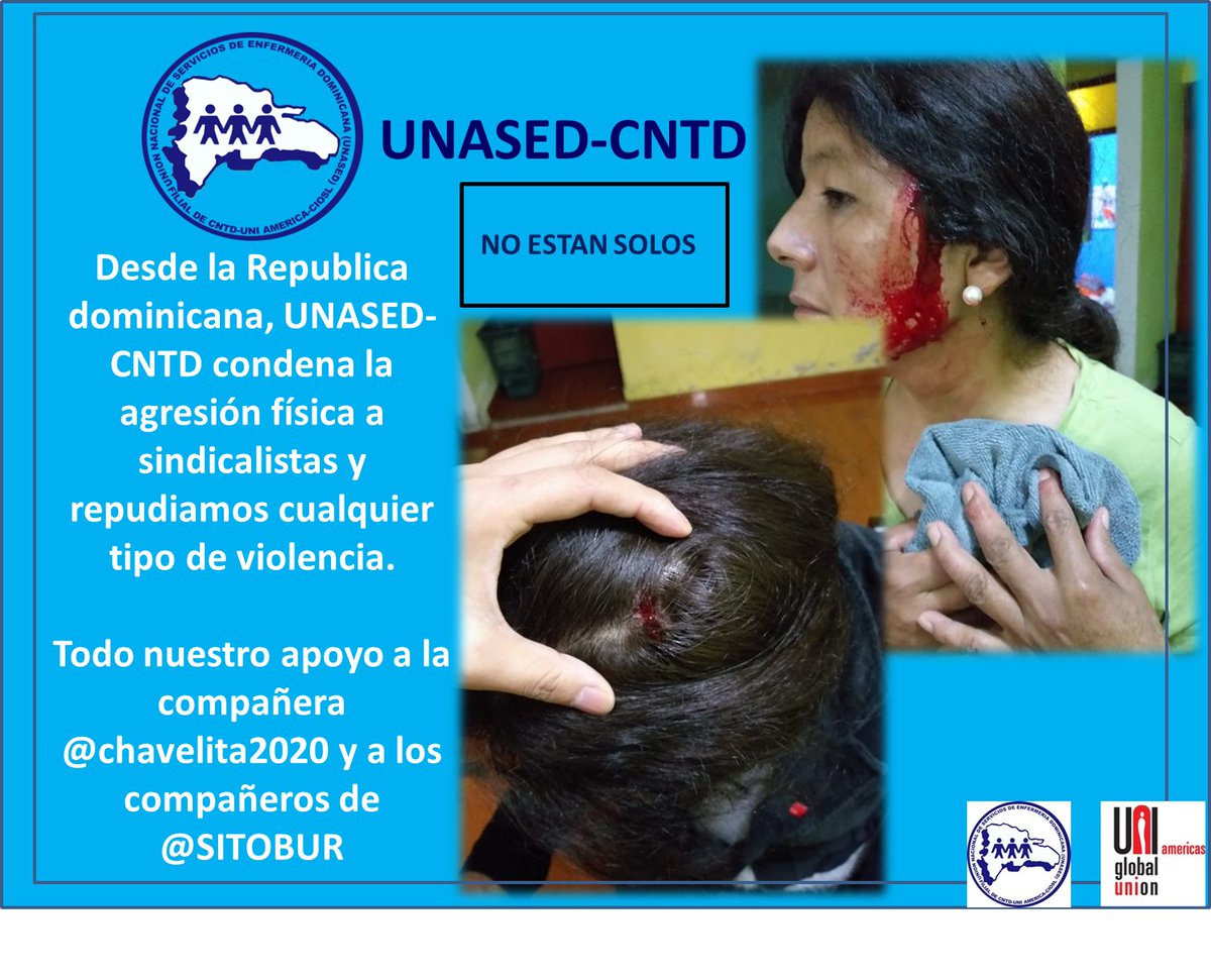 NO ESTÁN SOLOS

Condenamos la agresión física a sindicalistas y repudiamos cualquier tipo de violencia. Todo nuestro apoyo a la compañera 
@chabelita2020
 y a lxs compañerxs del 
<a href="/SITOBUR/">Sindicato SITOBUR</a>
#UNIAMERICA <a href="/uniamericas/">UNI Américas</a> <a href="/uniglobalunion/">UNI Global Union</a>  <a href="/solamanti/">solamantina@hotmail.</a> <a href="/solamantina1/">solamantina</a>  <a href="/Elhijodedio2/">Francisco Garcia</a>