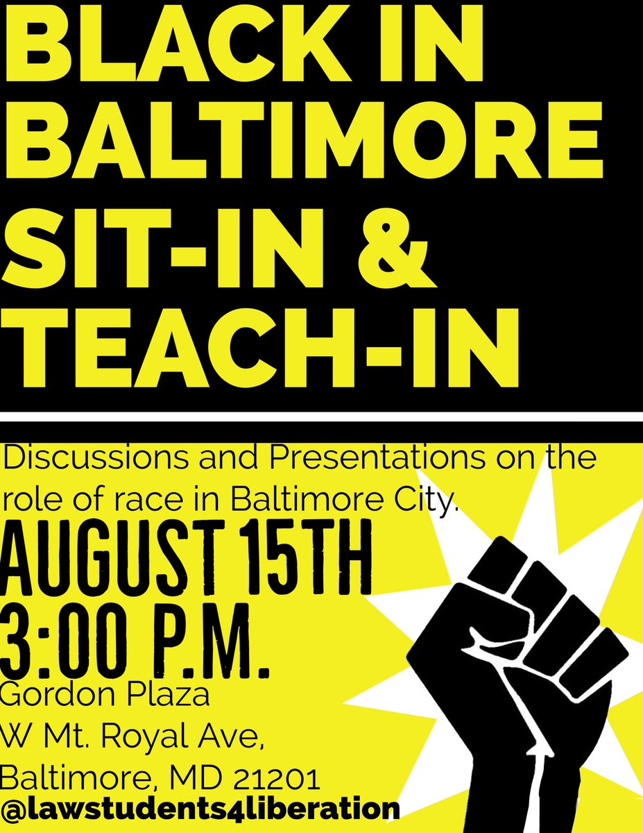 ubaltblsa's tweet photo. Learning and Liberation go hand-in-hand. Black in #Baltimore: Sit-In &amp; Teach-In. Full list of topics to be covered will be coming out shortly. Please share and attend! 💪🏾 Sign language interpreters will be present. Hope to see you there on Saturday. ✊🏾 #BLM https://t.co/1YiwDQlR1m