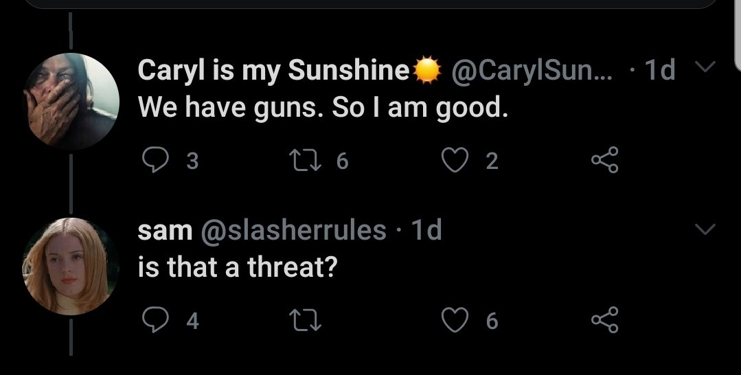Telling someone online that you're debating with that you have a gun is on another level of violence, just cuz people don't ship or like the same characters as you doesn't mean you should subtlety tell them you will shoot them. Clearly something is not right with CarylSunshine 