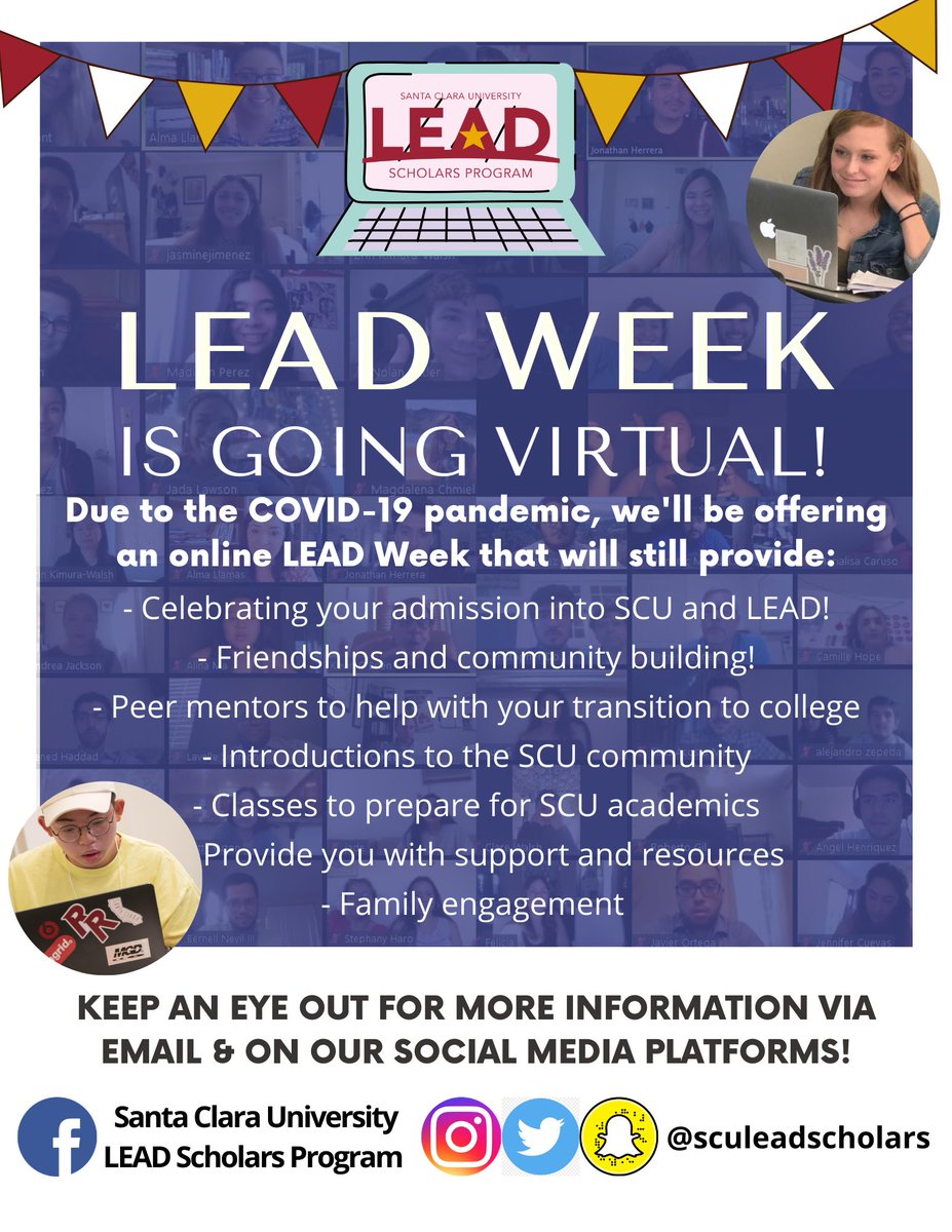 SCULEADScholars's tweet image. LEAD Week is going virtual! 💻🎉 Due to the COVID-19 pandemic, we will be offering an online version of LEAD Week that will still provide students with the opportunity to get to know @SantaClaraUniv during this transitional time. Welcome #SCULEADScholars Broncos!#SCULEADWeek2020