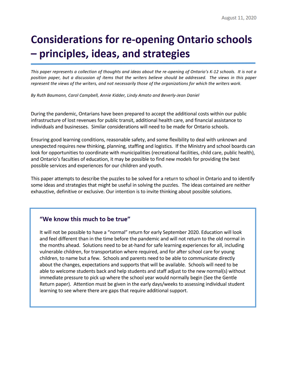 CarolCampbell4's tweet photo. Considerations for re-opening Ontario schools - principles, ideas &amp; strategies https://t.co/lNBZDbhCUx
Proposals for ensuring safe #BackToSchool - requires additional funding, space &amp; staffing. It's logistically challenging but it's a solvable problem.
#OntEd #SafeSeptember /1 https://t.co/Y9i9naQSpX