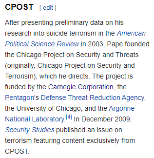 8. We find that Yaqeen's collaboration extends beyond employing people with links to US military adventurism in the Muslim lands.They work with organisations part-funded by the US Military, such as the 'Chicago Project on Security and Threats' or CPOST.Learn about it: