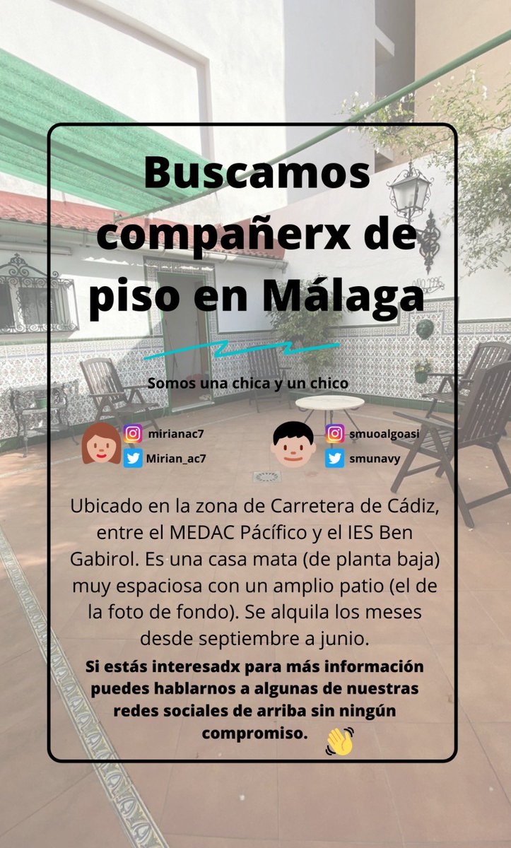 smunavy's tweet photo. 🔴⚠️ BUSCAMOS COMPAÑERX DE PISO⚠️🔴 es mu baratico para tener patio! Preguntanos sin compromiso alguno! nos ayudaría muchisimo si le dais un RT. Gracias!!!! @Mirian_ac7 https://t.co/w8eo4iHZed