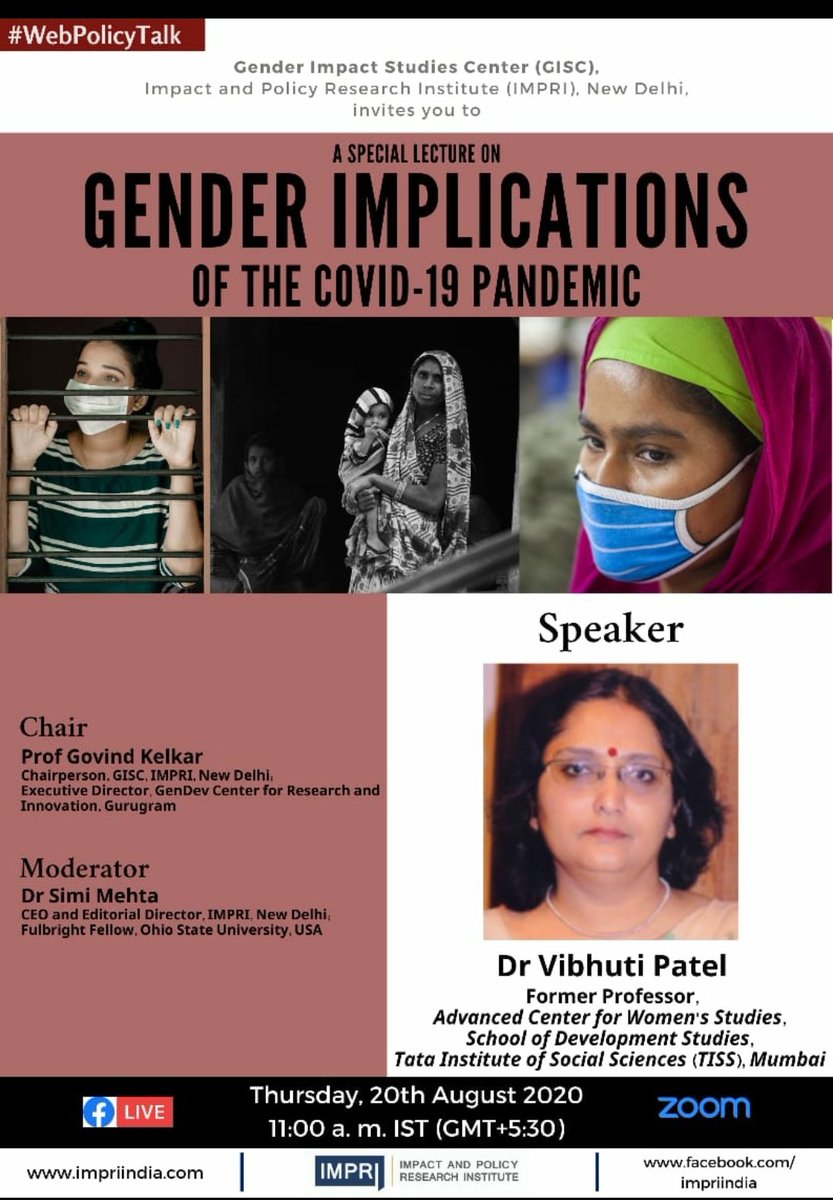 44/n.  #WomenInPandemicWebinar moderated by  @GovindKelkar with  @ProfVibhuti as the key speaker at 11 am on 20th August on gender implications of  #COVIDー19 #webpolicytalk