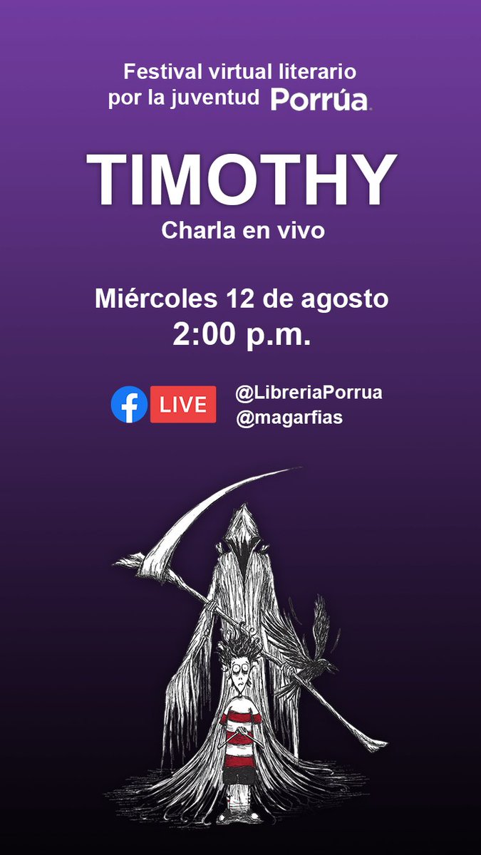 MA_Garfias's tweet photo. Nos vemos MAÑANA en VIVO en Facebook para celebrar el Día Mundial de la Juventud. Charla sobre Timothy, su proceso creativo, y Q&A 📚 @libreriaporrua #QuartodeHora https://t.co/zC6PUksAf6