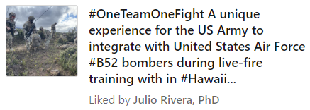 6. Julio was "tracking military trends" & "briefed senior military officials... including four star generals".He also "participated in the development of US military contingency operations... during the Syrian conflict".Here, Julio 'likes'  #OneTeamOneFightWhose fight?